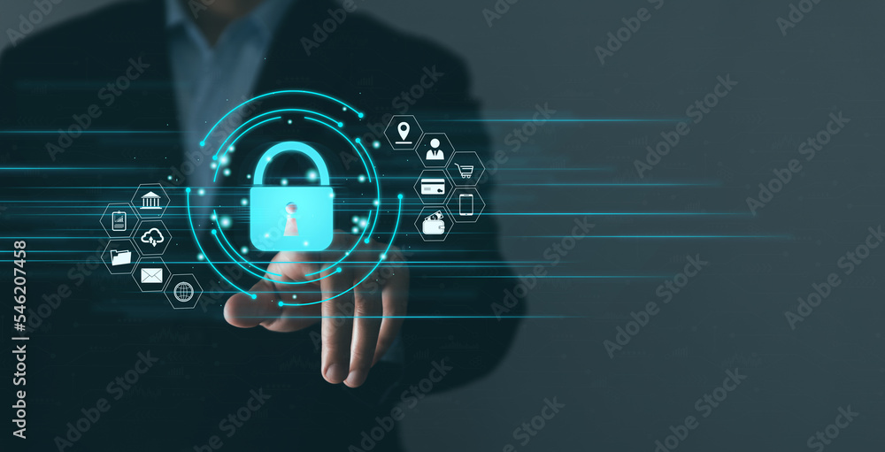 Poster businessman touching padlock icon on virtual display internet network security concept