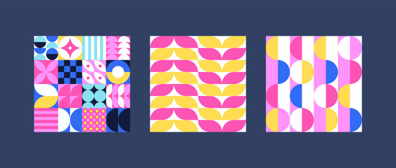 Obraz premium Geometric shapes abstract background collection. Vector colorful illustration. Star, circle and curve shape texture for seamless backdrop. Bright pink and blue color. Design textile for wrapping paper