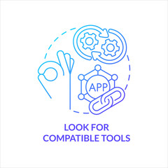 Look for compatible tools blue gradient concept icon. Choose right software. Applications operating together abstract idea thin line illustration. Isolated outline drawing. Myriad Pro-Bold font used