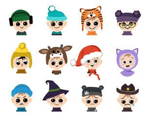 Set of children avatar with big eyes and wide smile and different emotions in hat. Cute kid with joyful or sad face in festive costume for new year and Christmas. Vector flat illustration