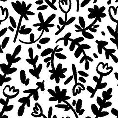 Childish floral pattern in small black flowers on stems. Ditsy print, spring botanical seamless pattern. Brush drawn vector wild flowers. Hand drawn sketch chamomiles and branches with leaves.