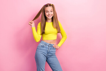 Photo of nice cute lady wear fashionable green lime color clothes stand fitting room renew wardrobe isolated on pink color background