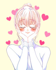 セーターを着たお団子頭の女性　恋　目を閉じる　顔に手