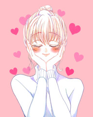 セーターを着たお団子頭の女性　恋　目を閉じる　顔に手