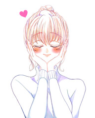 セーターを着たお団子頭の女性　恋　目を閉じる　顔に手