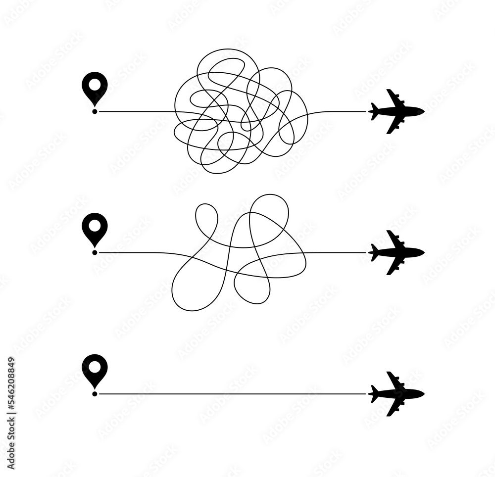 Poster airplane line routes. path for a flight trip. travel itinerary from start point. plane complicated r