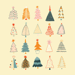 Set of Christmas trees in scandinavian style. New Years and xmas traditional symbol tree with garlands, snowflakes, light bulbs, stars. Vector hand drawn illustration.