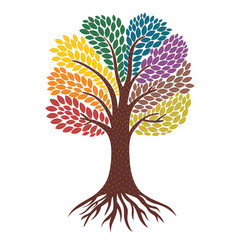 Naklejka premium Tree of life with roots and rainbow coloured leaves. Forest element in cartoon style isolated on white. Vector illustration