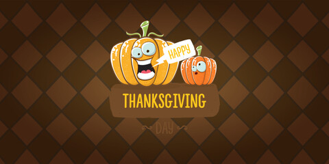 Funny Thanksgiving day horizontal banner with vector funny cartoon cute smiling friends pumpkins isolated on brown background. Thanksgiving day cute banner and label design template with pumpkins