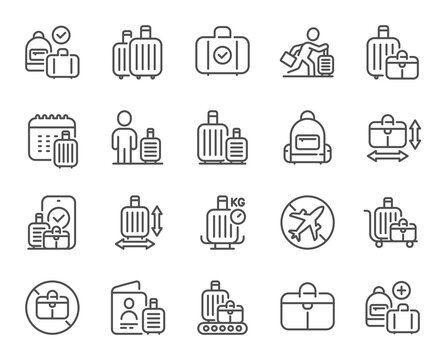Baggage line icons. Travel bag size, Check weight and Backpack set. Airport luggage belt, handbag dimensions and baggage claim line icons. Check bag size, allowed luggage and briefcase. Vector