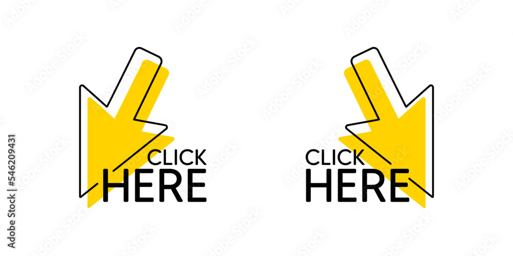 Fototapete Click here with mouse cursor icon. Press internet web button. Click here button with arrow pointer symbol. Website promotion tag banner. Clicking offer design. Internet web mouse cursor. Vector