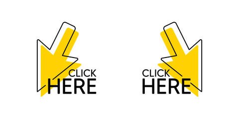 Click here with mouse cursor icon. Press internet web button. Click here button with arrow pointer symbol. Website promotion tag banner. Clicking offer design. Internet web mouse cursor. Vector