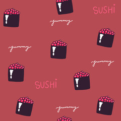 Sushi isolated icons in seamless pattern, vector illustration. Wrapping paper design for Japanese restaurant food delivery packages. Traditional Asian cuisine seafood dish, sushi and rolls menu cover.