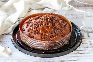 Chocolate cake on rustic wooden background. Bakery products. close up