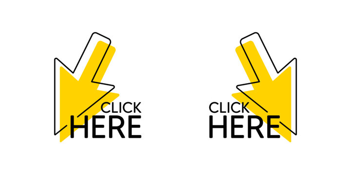 Click here with mouse cursor icon. Press internet web button. Click here button with arrow pointer symbol. Website promotion tag banner. Clicking offer design. Internet web mouse cursor. Vector