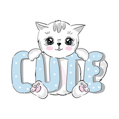 Cute Cartoon white Kitten with slogan text blue Cute