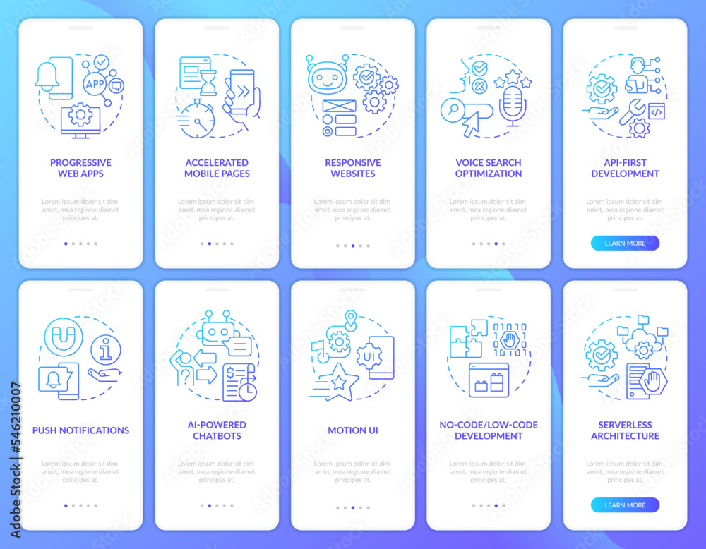 Poster digital technology tendency blue gradient onboarding mobile app screen set. walkthrough 5 steps grap
