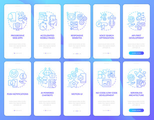 Digital technology tendency blue gradient onboarding mobile app screen set. Walkthrough 5 steps graphic instructions with linear concepts. UI, UX, GUI template. Myriad Pro-Bold, Regular fonts used