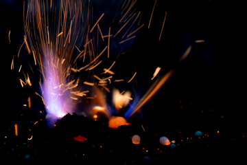fire in dark. explosion black powder.