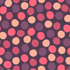 Seamless pattern with multicolored polka dots of arbitrary shape on a dark background. Endless sprint with pink and purple abstract circles