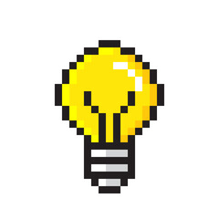 Pixel art light bulb icon. Idea lamp, thinking lightbulb and solution inspiration. Game design idea lamp icon. Energy light bulb symbol. Retro electricity power. Vector