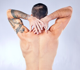 Body care, wellness and back view of a man in a studio with muscles, tattoos and fit body. Fitness,...