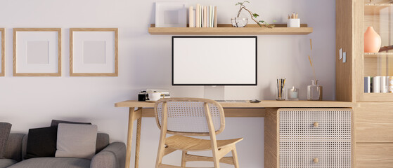 Minimal Scandinavian home working space interior with computer mockup on minimal wood table