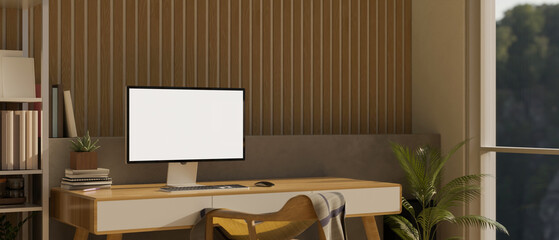 Minimal and contemporary workspace with computer mockup on wood table against wood plank wall