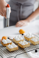 Delicious homemade desserts, on a rustic table, french meringue caramelized with a food torch. High quality photo