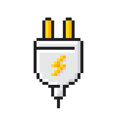 Pixel art plug icon. Electric energy socket. Electricity power adapter with lightning bolt. Game design charge icon. Energy plug with cord symbol. Retro electricity power. Vector