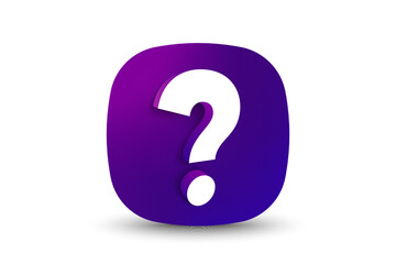 Question mark on neon gradient button. Search 3d icon. Ask faq, help support and game quiz. Internet web button with question mark. Neon 3d square button. Vector