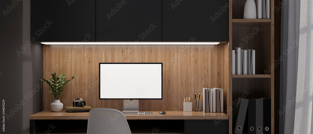 Poster modern home workspace in the evening with computer mockup and stationery on wood built-in table.
