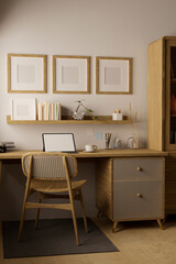 Minimal nordic Scandinavian home working room with tablet mockup on wood table, wood chair