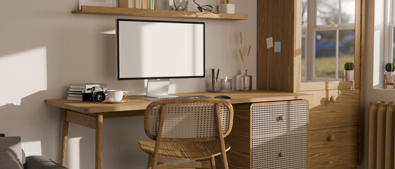 Minimal nordic Scandinavian home working room with computer mockup on wood table, white wall.