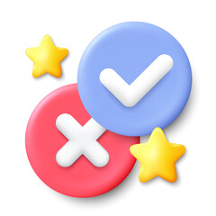 Quiz 3d icon. Answer time game symbol. Check mark button. Right or wrong answer, school education test. Approved game quiz. Internet web button with golden 3d stars. Vector