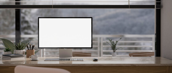 Modern urban home office workspace with computer mockup, stationery and decor on table