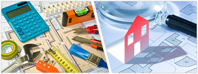 Residential building project - concept macro photography of print on paper with work tool, calculator and magnifying glass