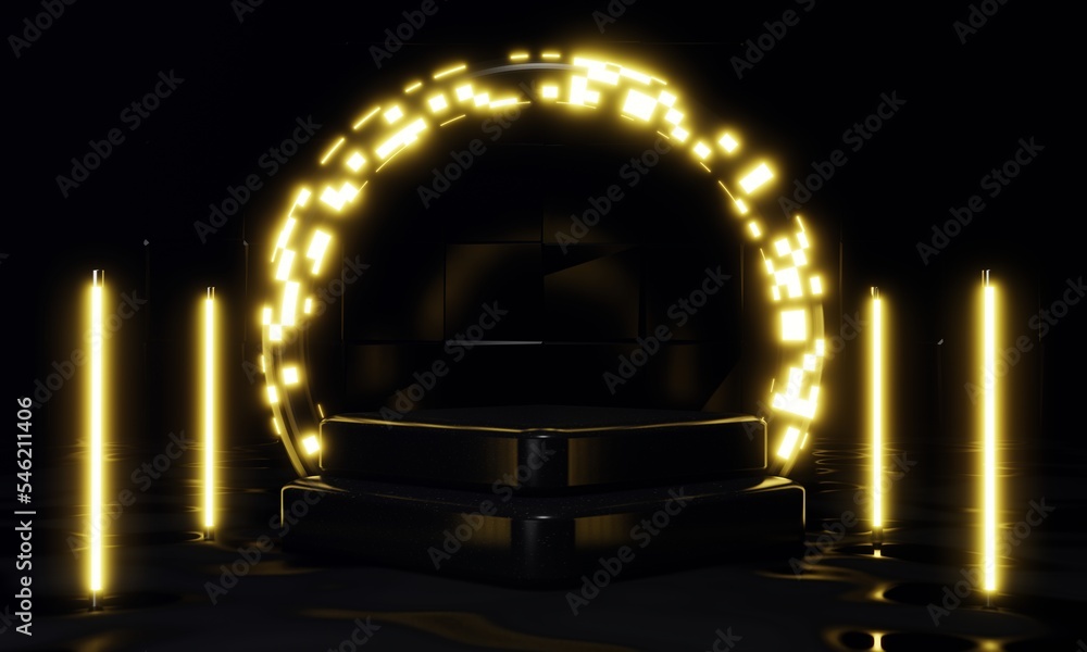Poster futuristic podium scene with yellow neon light on abstract background with reflection on floor. 3d r