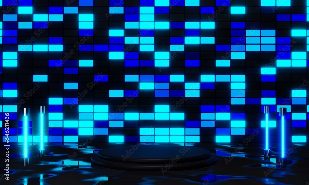 Poster empty podium scene on futuristic abstract background with reflection on floor. 3d render futuristic 