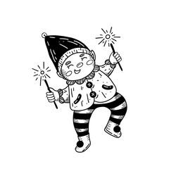 Funny vector elf with sparkles in his hands. He is happy to greeting Christmas holiday.