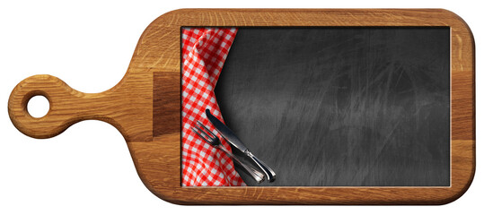 Wooden cutting board with a blank chalkboard inside, red and white checkered tablecloth and silver cutlery. Template for recipes or food and drink menu. Isolated on white or transparent background.