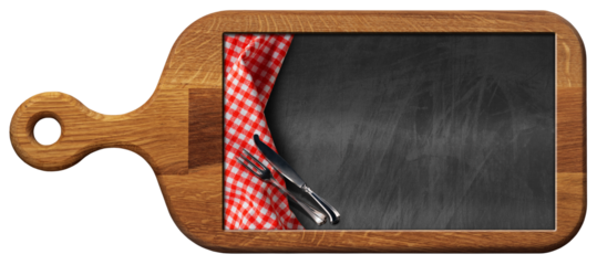 Wooden cutting board with a blank chalkboard inside, red and white checkered tablecloth and silver cutlery. Template for recipes or food and drink menu. Isolated on white or transparent background.