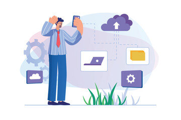 Cloud computing concept with people scene in flat design.