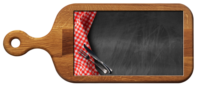 Wooden cutting board with a blank chalkboard inside, red and white checkered tablecloth and silver cutlery. Template for recipes or food and drink menu. Isolated on white or transparent background.