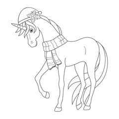 A Christmas unicorn in a scarf and a hat. Coloring page.