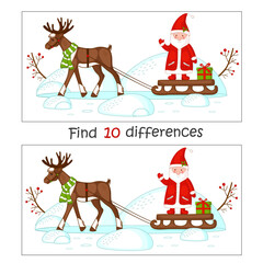 Christmas picture puzzle. Reindeer sled and Santa with gifts on the background of snowdrifts. Find 10 differences.