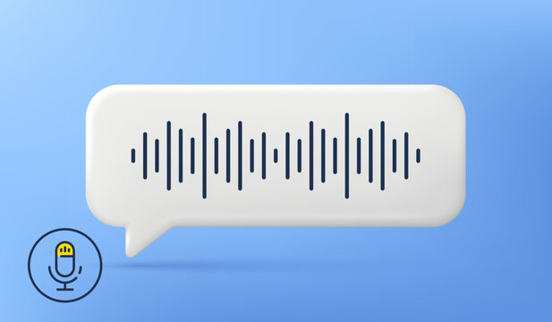 Voice message chat bubble icon with sound wave and microphone. Record audio message. 3d speech bubble with mic. Podcast voice audio record. Music track sound wave. Vector