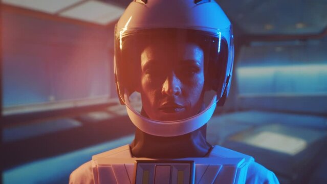 A woman astronaut in a space suit aboard the orbital station. A young female cosmonaut pilots a spaceship. Galactic travel and science concept.