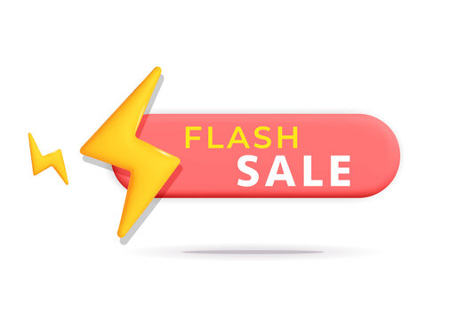 3d vector cartoon render flash sale discount notification red box with lightning and bolt thunder banner design