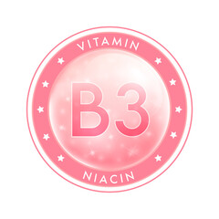 Water vitamin B3 drop label pink. Sign icon logo and badge. Isolated on white background. For designing food or beauty products. Medical healthcare and Drug business marketing ads concept. Vector.